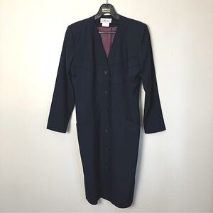Vintage dress 100% wool button-up navy blue v-neck retro rockabilly
